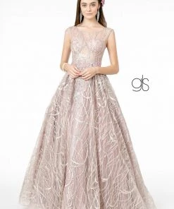 Embroidered Cap Sleeve Gown With Sheer Bodice By Elizabeth K GL2890