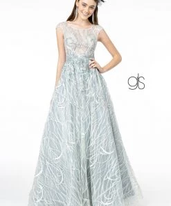 Embroidered Cap Sleeve Gown With Sheer Bodice By Elizabeth K GL2890