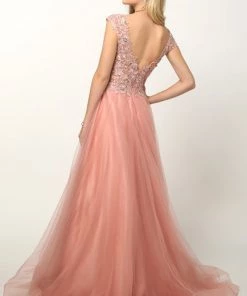 Embroidered Cap Sleeve Tulle Gown By Juliet 684