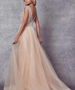 Embroidered Cap Sleeve Tulle Gown By Juliet 684