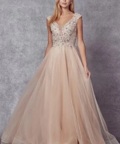 Embroidered Cap Sleeve Tulle Gown By Juliet 684