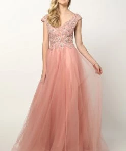 Embroidered Cap Sleeve Tulle Gown By Juliet 684