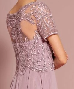 Embroidered Chiffon Gown With Short Sleeves By Elizabeth K GL2683