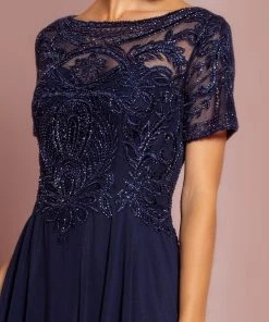 Embroidered Chiffon Gown With Short Sleeves By Elizabeth K GL2683