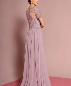Embroidered Chiffon Gown With Short Sleeves By Elizabeth K GL2683