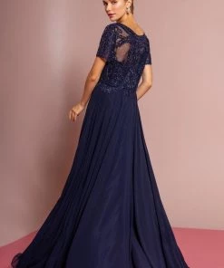 Embroidered Chiffon Gown With Short Sleeves By Elizabeth K GL2683