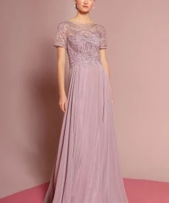 Embroidered Chiffon Gown With Short Sleeves By Elizabeth K GL2683