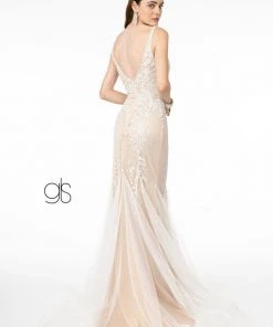 Embroidered Deep V-Neck Trumpet Dress By Elizabeth K GL2985 Prom