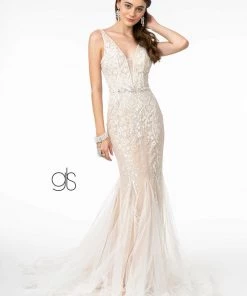 Embroidered Deep V-Neck Trumpet Dress By Elizabeth K GL2985 Prom