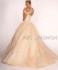 Embroidered Halter Ball Gown With Glitter Skirt By Elizabeth K GL2602