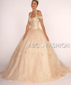 Embroidered Halter Ball Gown With Glitter Skirt By Elizabeth K GL2602