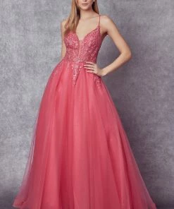 Embroidered Lace-Up Back Tulle Gown By Juliet 270