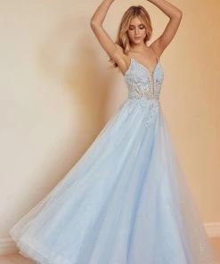 Embroidered Lace-Up Back Tulle Gown By Juliet 270