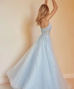 Embroidered Lace-Up Back Tulle Gown By Juliet 270