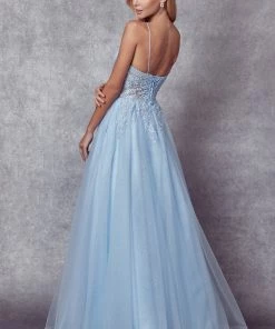 Embroidered Lace-Up Back Tulle Gown By Juliet 270