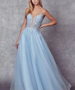 Embroidered Lace-Up Back Tulle Gown By Juliet 270