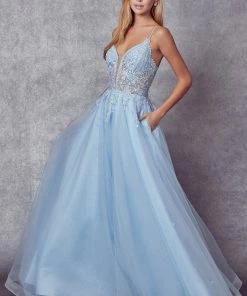 Embroidered Lace-Up Back Tulle Gown By Juliet 270