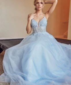 Embroidered Lace-Up Back Tulle Gown By Juliet 270