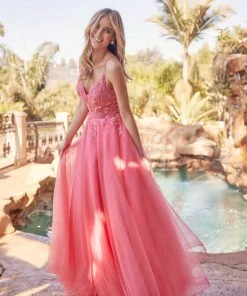 Embroidered Lace-Up Back Tulle Gown By Juliet 270