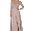 Embroidered Long Beige V-Neck Dress With Sleeves By Poly USA