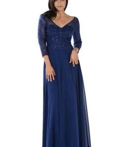 Embroidered Long Beige V-Neck Dress With Sleeves By Poly USA