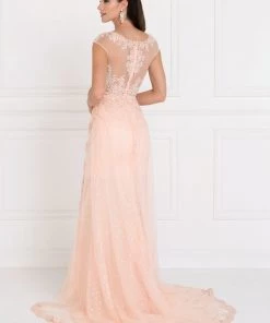 Prom Embroidered Long Blush Cap Sleeve Lace Dress By Elizabeth K GL1539