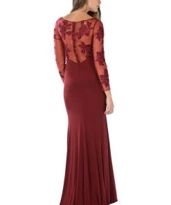 Embroidered Long Burgundy Dress With Sheer Sleeves By Poly USA