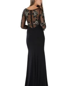 Embroidered Long Burgundy Dress With Sheer Sleeves By Poly USA