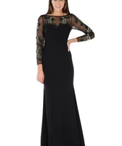 Embroidered Long Burgundy Dress With Sheer Sleeves By Poly USA