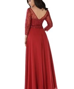 Embroidered Long Burgundy V-Neck Dress With Sleeves By Poly USA