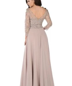 Embroidered Long Burgundy V-Neck Dress With Sleeves By Poly USA