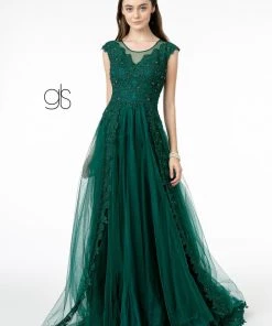 Embroidered Long Cap Sleeve Dress By Elizabeth K GL2882 Prom