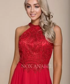 Embroidered Long Halter Chiffon A-line Dress By Nox Anabel J117