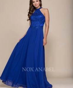 Embroidered Long Halter Chiffon A-line Dress By Nox Anabel J117
