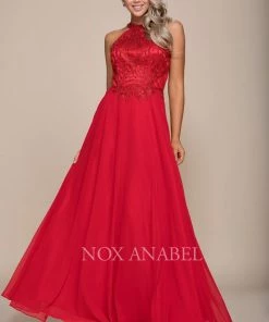 Embroidered Long Halter Chiffon A-line Dress By Nox Anabel J117