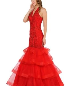 Prom Embroidered Long Halter Mermaid Dress By Poly USA 8466