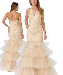 Prom Embroidered Long Halter Mermaid Dress By Poly USA 8466