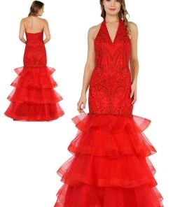 Prom Embroidered Long Halter Mermaid Dress By Poly USA 8466