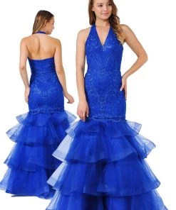 Prom Embroidered Long Halter Mermaid Dress By Poly USA 8466