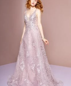 Elizabeth K Embroidered Long Illusion V-Neck Dress By GLS Gloria GL2564 Prom