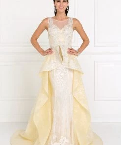 Embroidered Long Ivory Peplum Dress By Elizabeth K GL1538 Prom