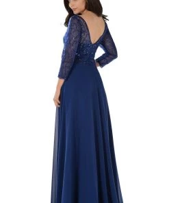 Embroidered Long Navy V-Neck Dress With Sleeves By Poly USA