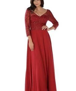 Embroidered Long Navy V-Neck Dress With Sleeves By Poly USA