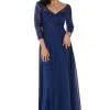Embroidered Long Navy V-Neck Dress With Sleeves By Poly USA