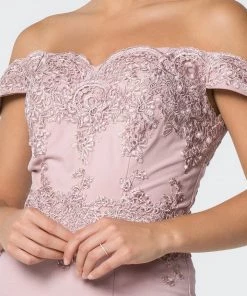 Embroidered Long Off Shoulder Dress With Slit By Elizabeth K GL2708 Prom