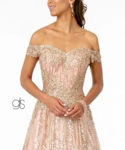 Embroidered Long Off Shoulder Glitter Dress By Elizabeth K GL2941