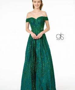 Embroidered Long Off Shoulder Glitter Dress By Elizabeth K GL2941