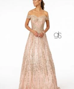 Embroidered Long Off Shoulder Glitter Dress By Elizabeth K GL2941