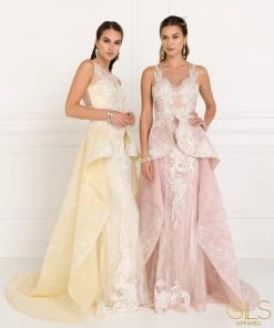 Embroidered Long Pink Peplum Dress By Elizabeth K GL1538