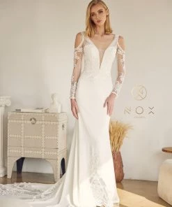 Embroidered Long Sleeve Bridal Dress By Nox Anabel JE916